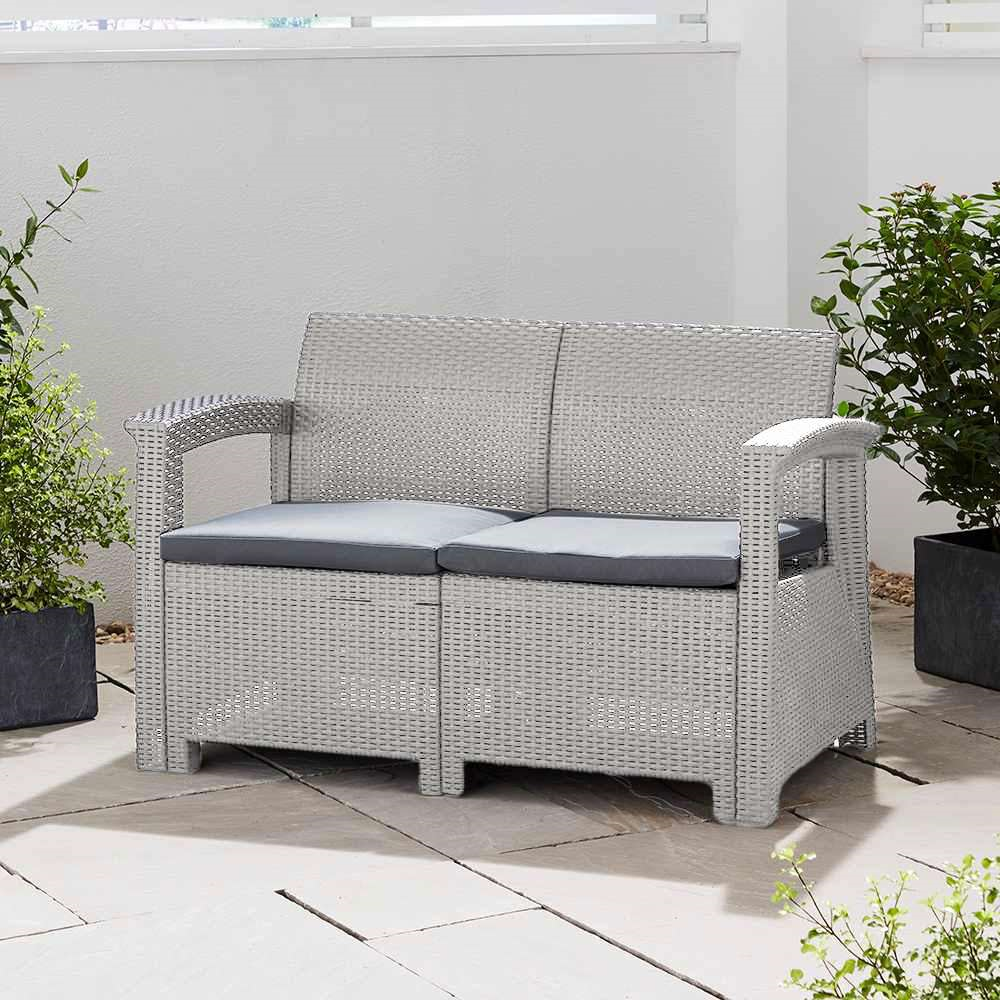 Rattan Effect 2-Seater Sofa with Cushions - Grey